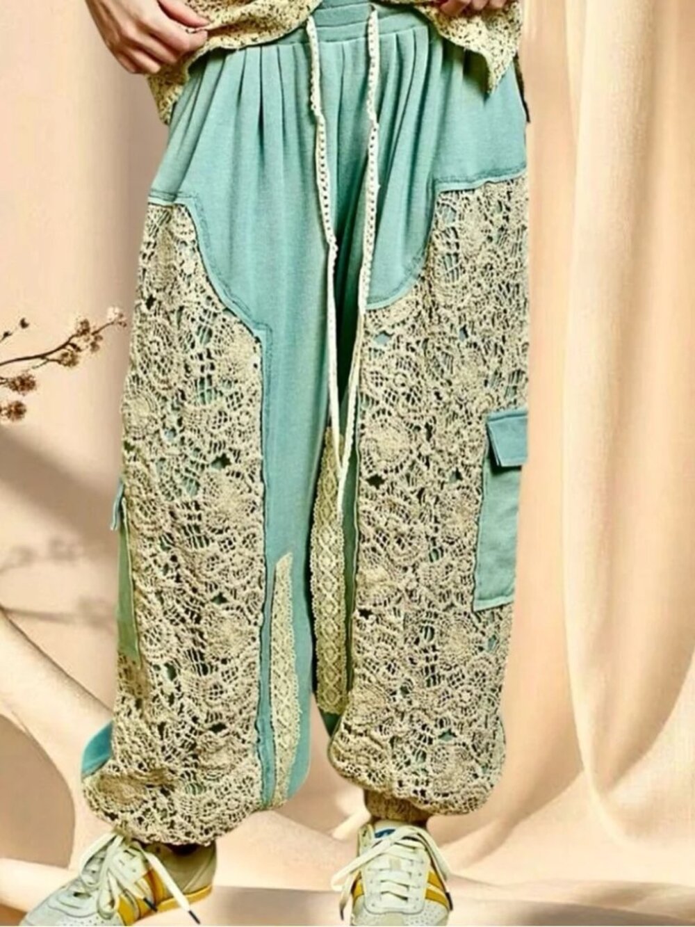NWOT POL Teal Crochet Patchwork Joggers size- MEDIUM